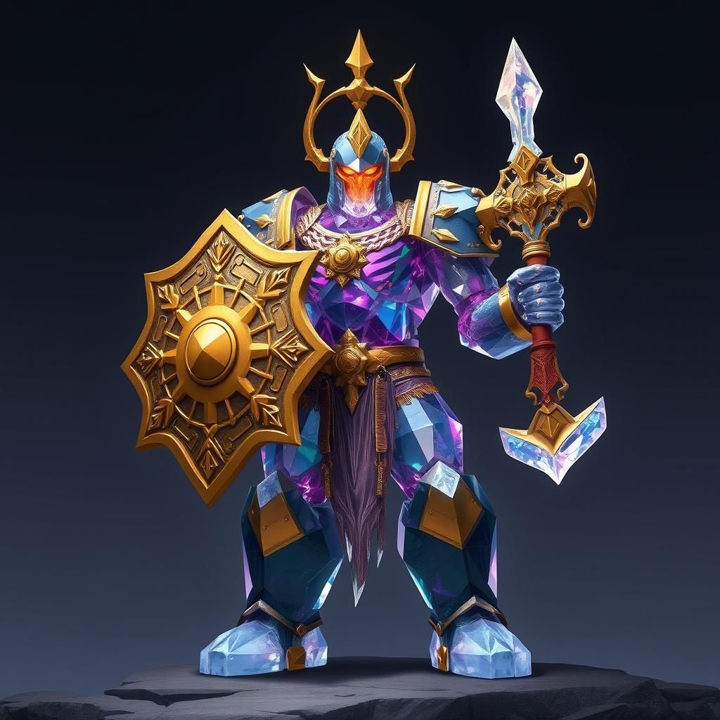 Crystal golem paladin of the sun with a shield and ax