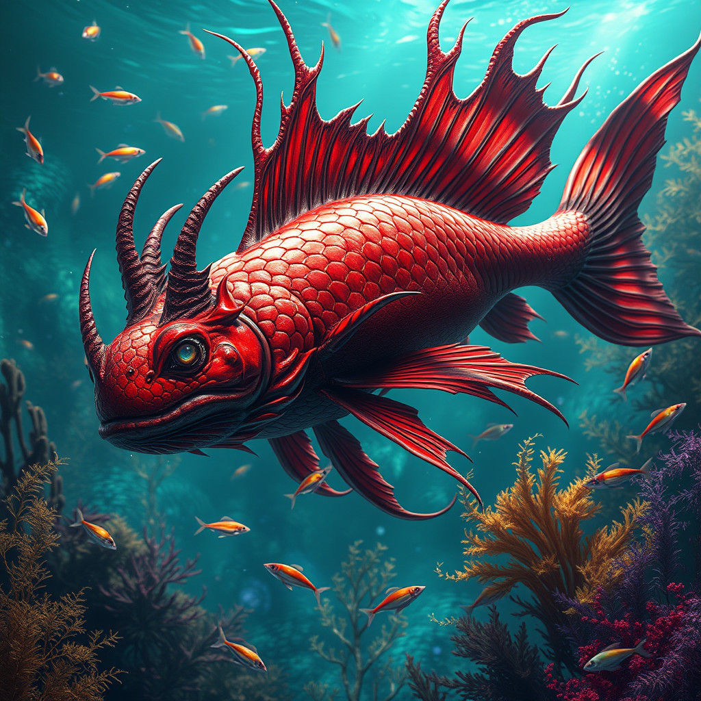 Crimson Fish Devil in Iridescent Ocean