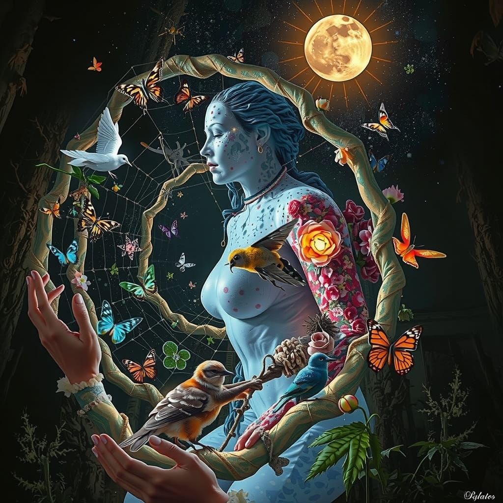 Shaman Sculptor in Bio-Art Spiral Under Copper Sky