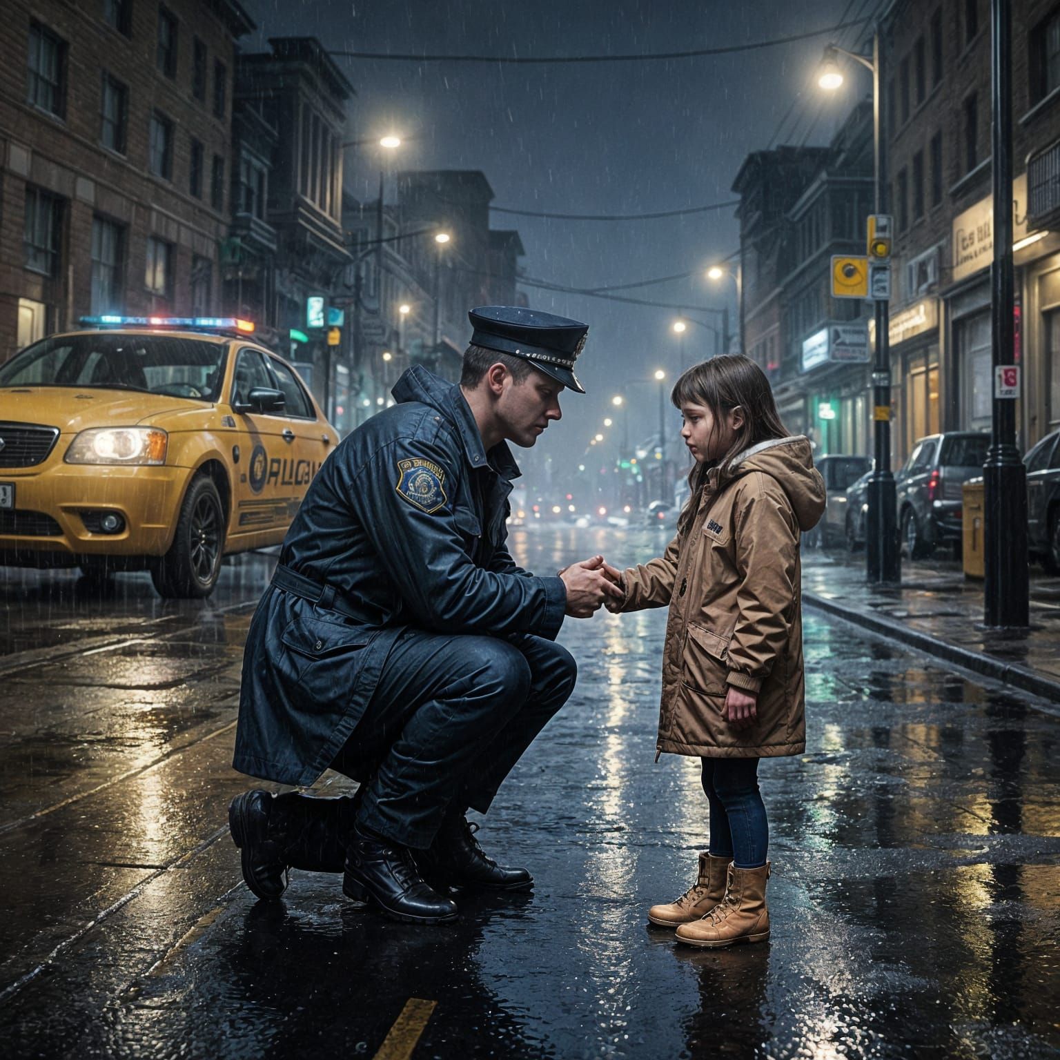 Comforting Scene of Police Officer and Lost Child on Rainy N...