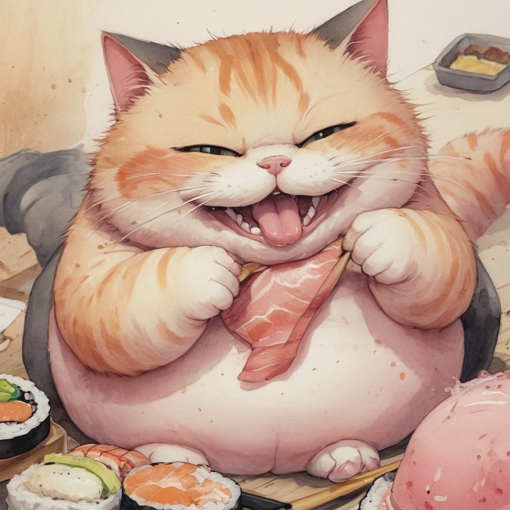 Cute Anime Cat Enjoys Sushi