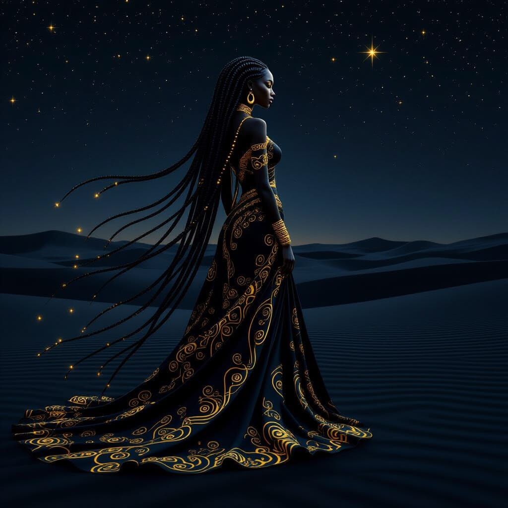 African American Goddess of Death in Starry Desert