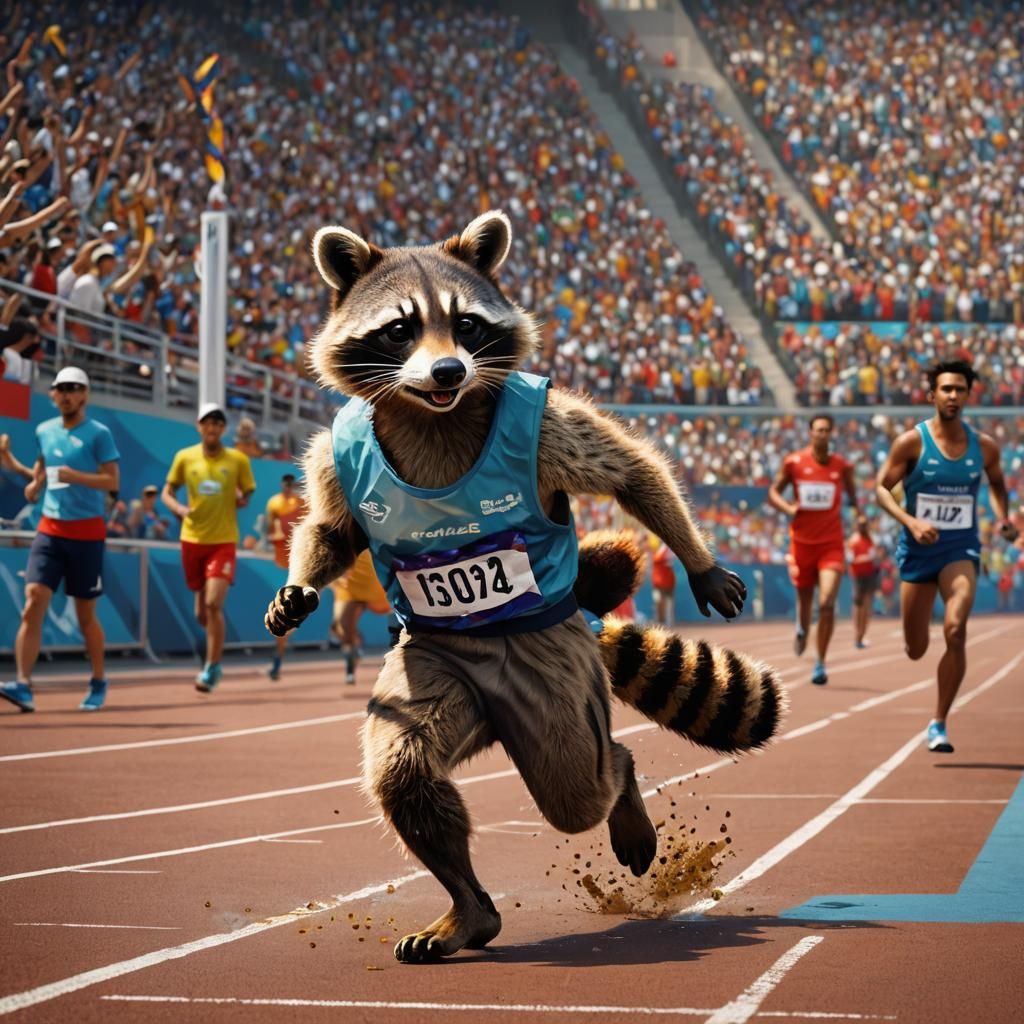 Hyperrealistic Raccoon Runner at the Olympic Games