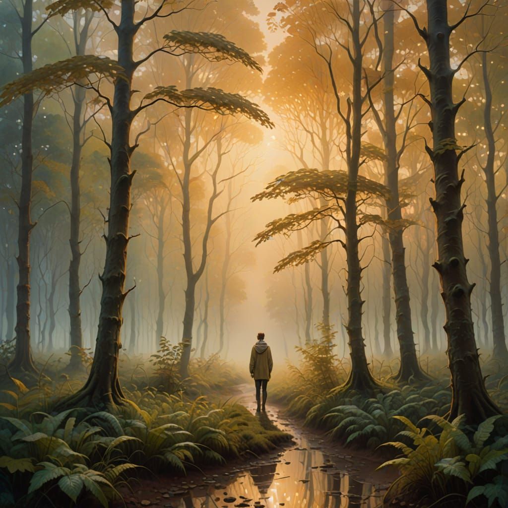 Misty Forest Figure: Surreal Oil Painting at Dawn