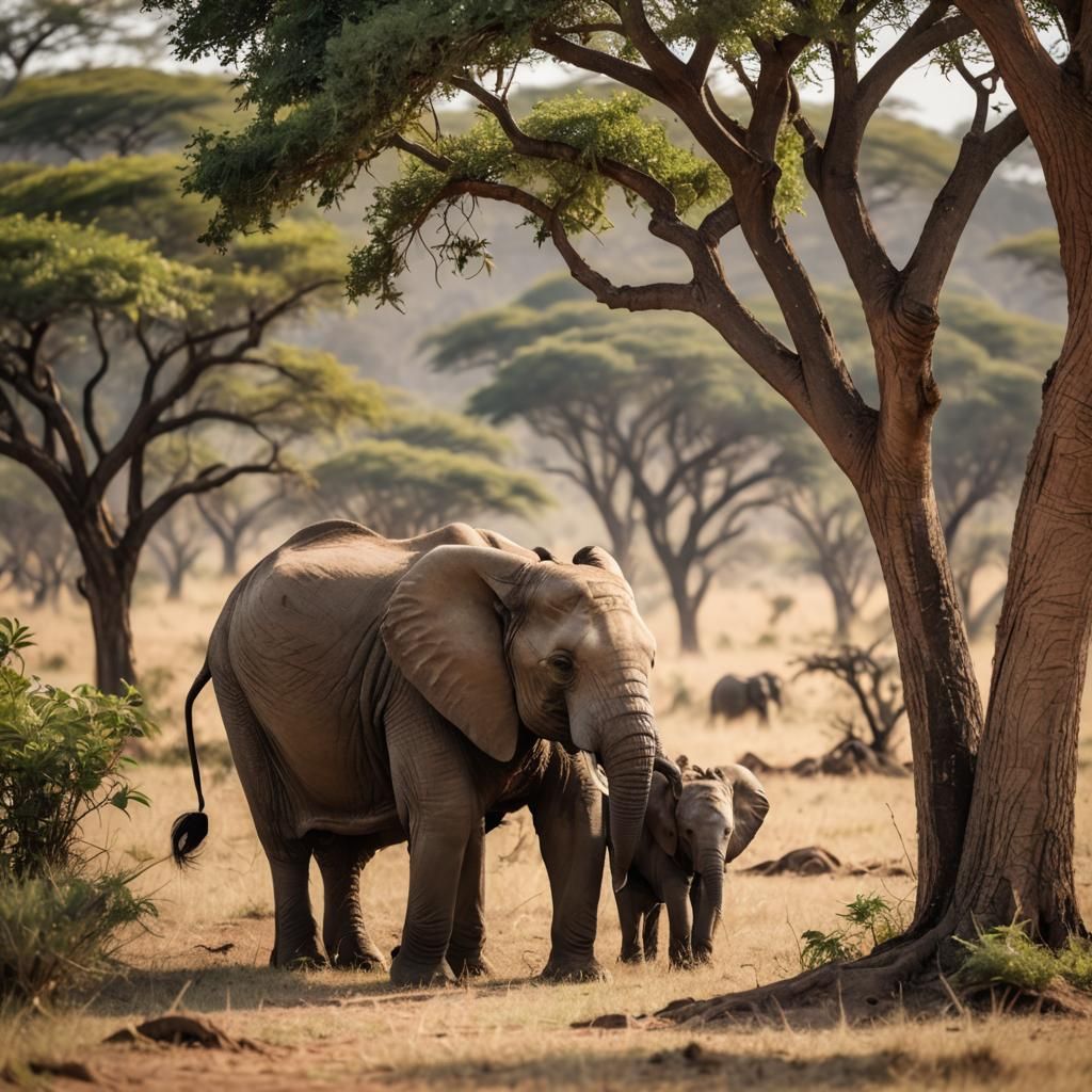 Baby elephant and her mother on the savanna with an amarula tree.