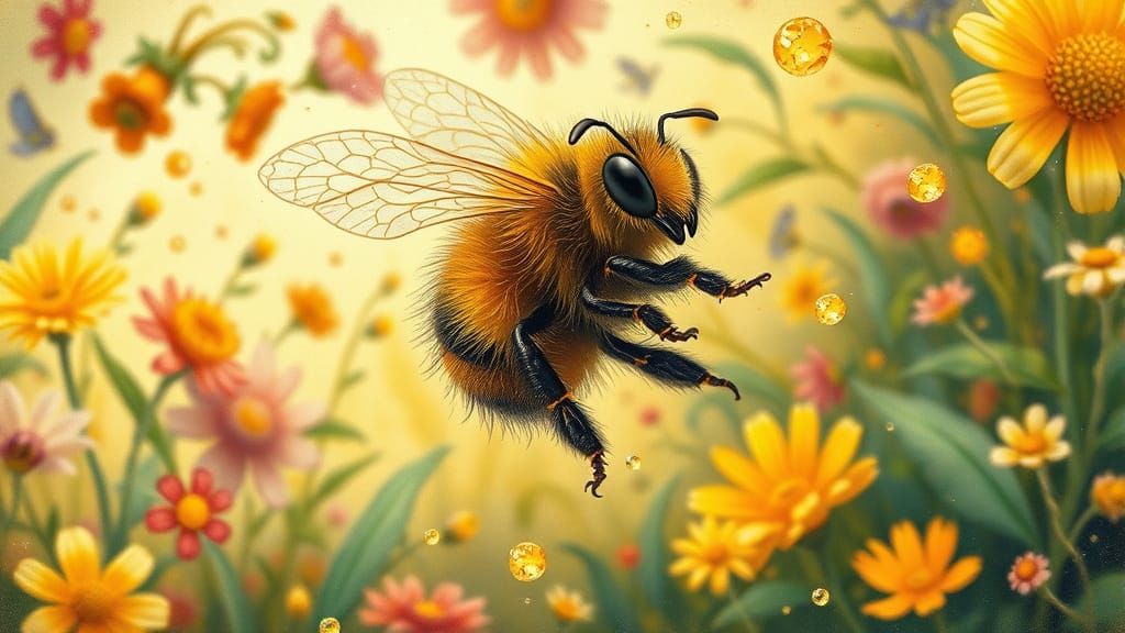 Whimsical Bee Tumbles Through Vibrant Floral Wonderland