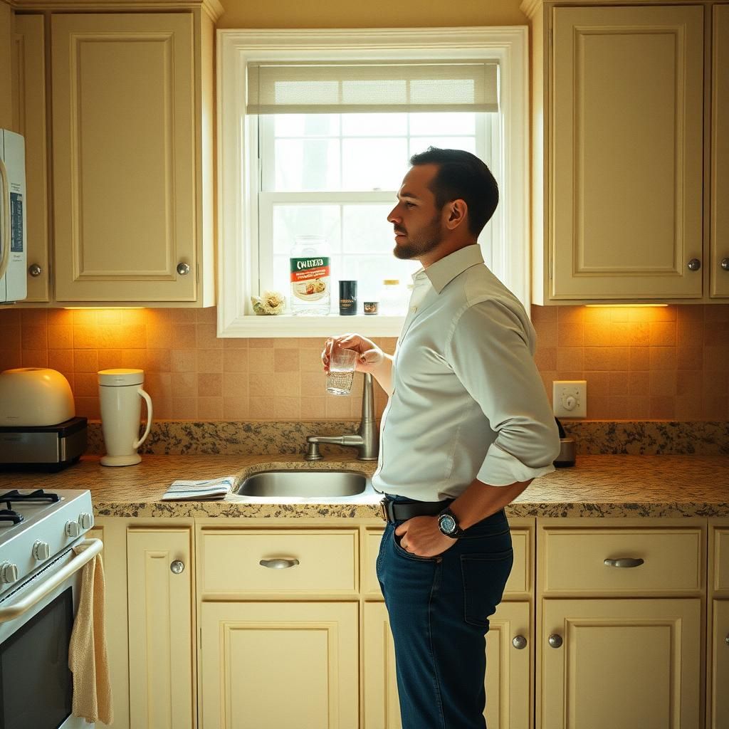 Man Drinks Vodka in American Kitchen, Cinematic Lighting