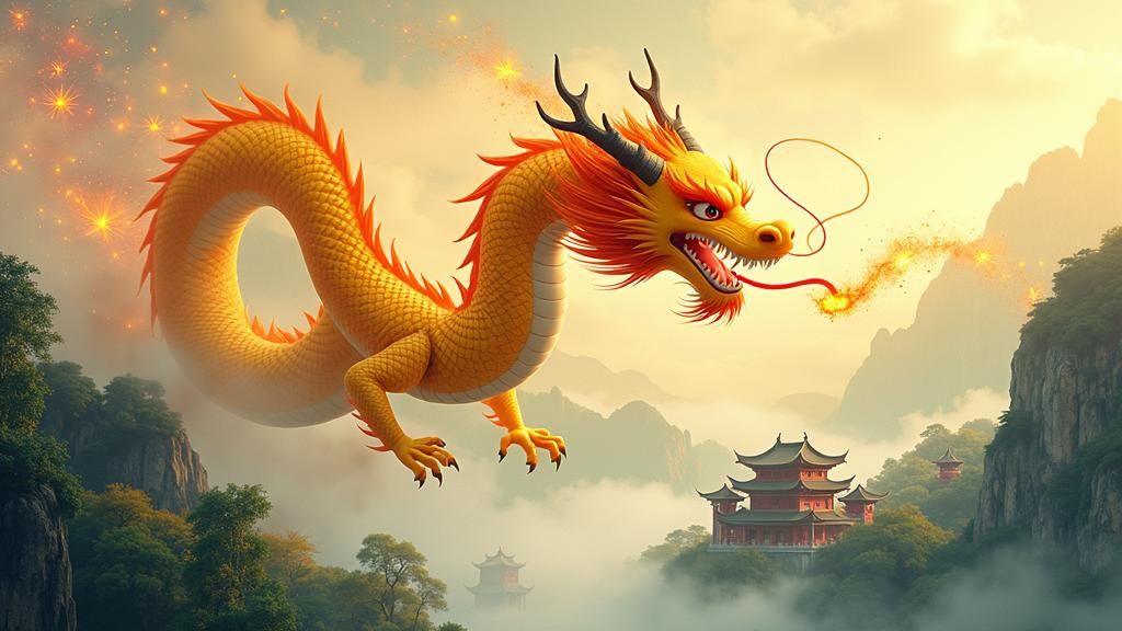 Chinese Dragon Soaring Over Village in Animated Style