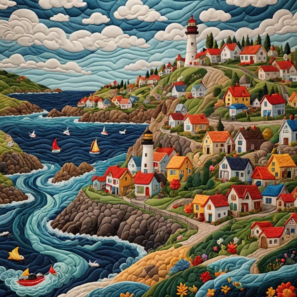 Quilted Fishing Village by Fjord with Lighthouse