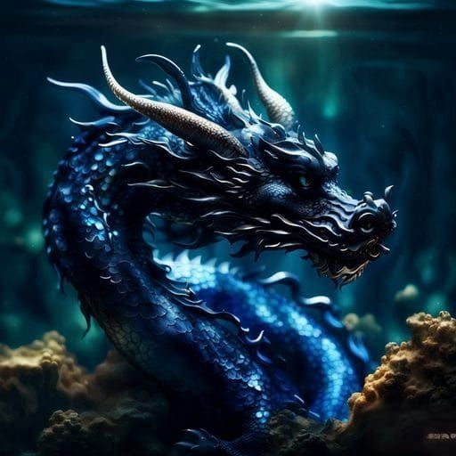 Underwater Black and Blue Dragon in Cel-Shaded Style