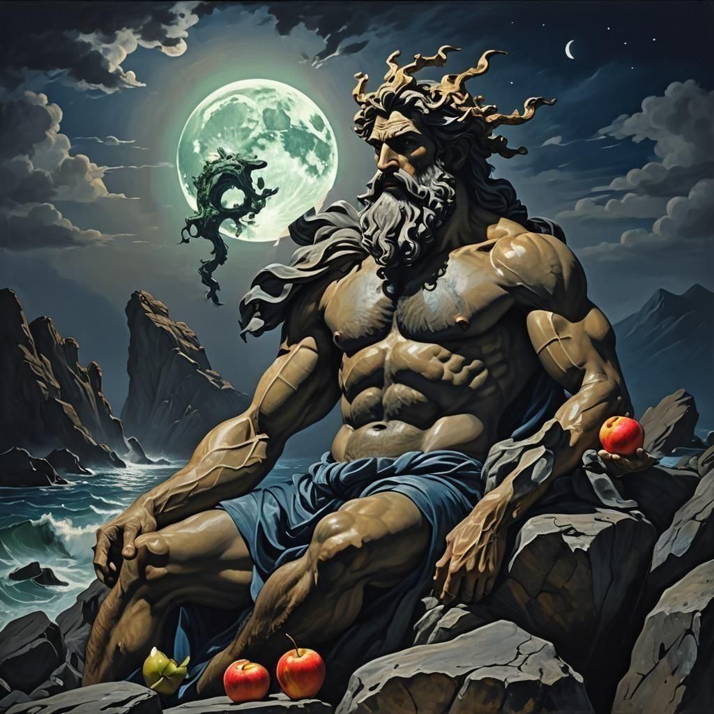 Hyperdetailed Poseidon Eating Apple Under Full Moon