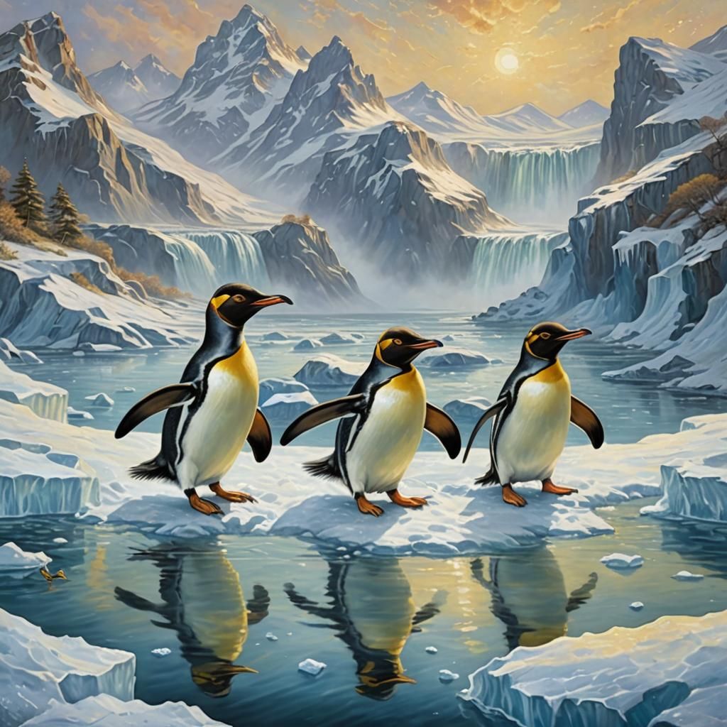 Penguins on Ice Flow: A Post-Impressionist Painting