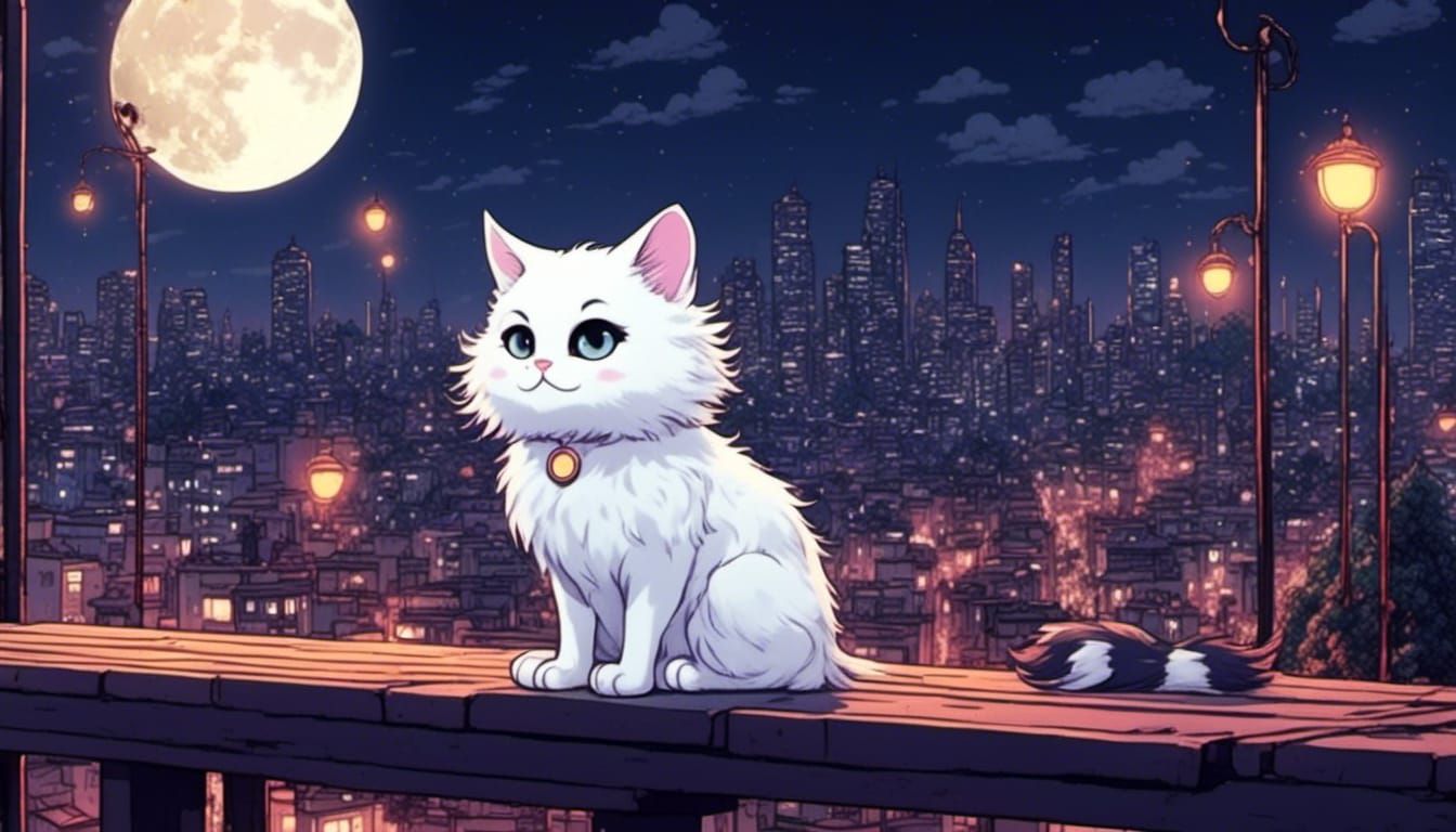 <lora:Synthwave stuff:1.0> a fluffy white  chibi cat at nigh...