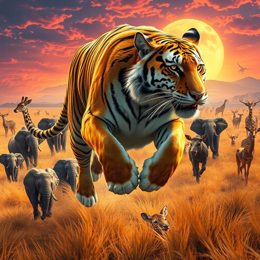 Golden Tiger Leads a Diverse Herd in a Vibrant Savannah