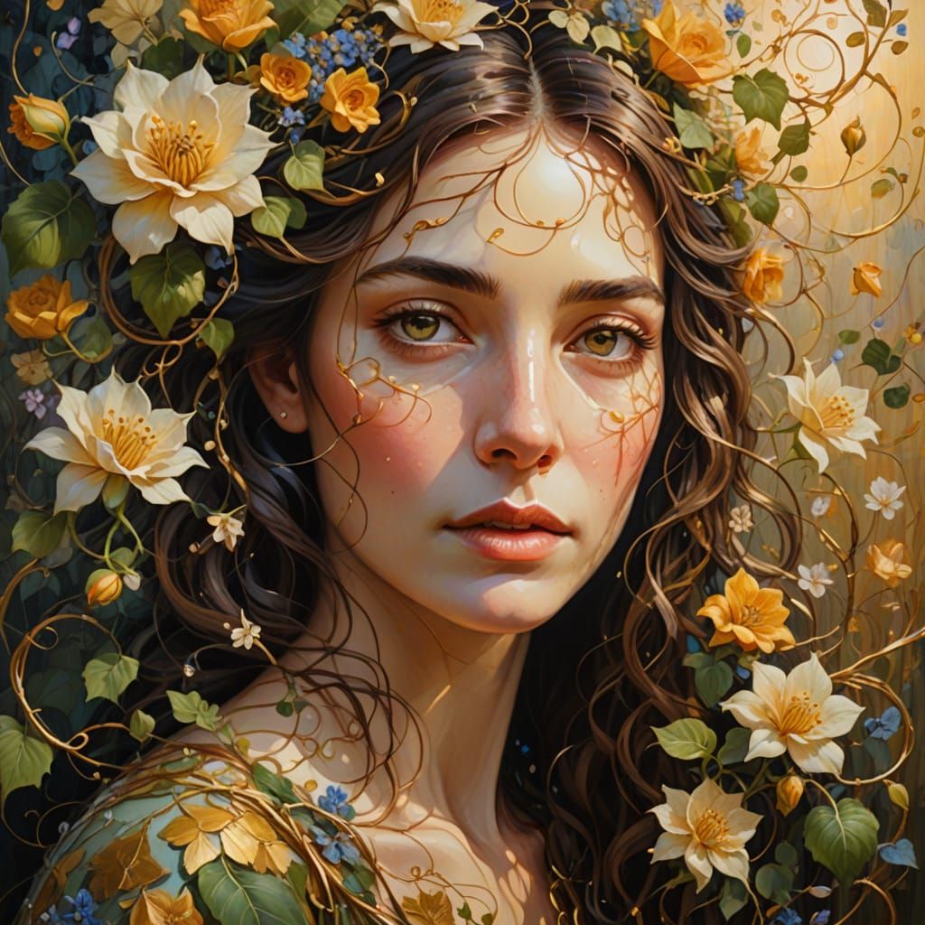 Woman with Flowers: Surreal Impressionism Portrait