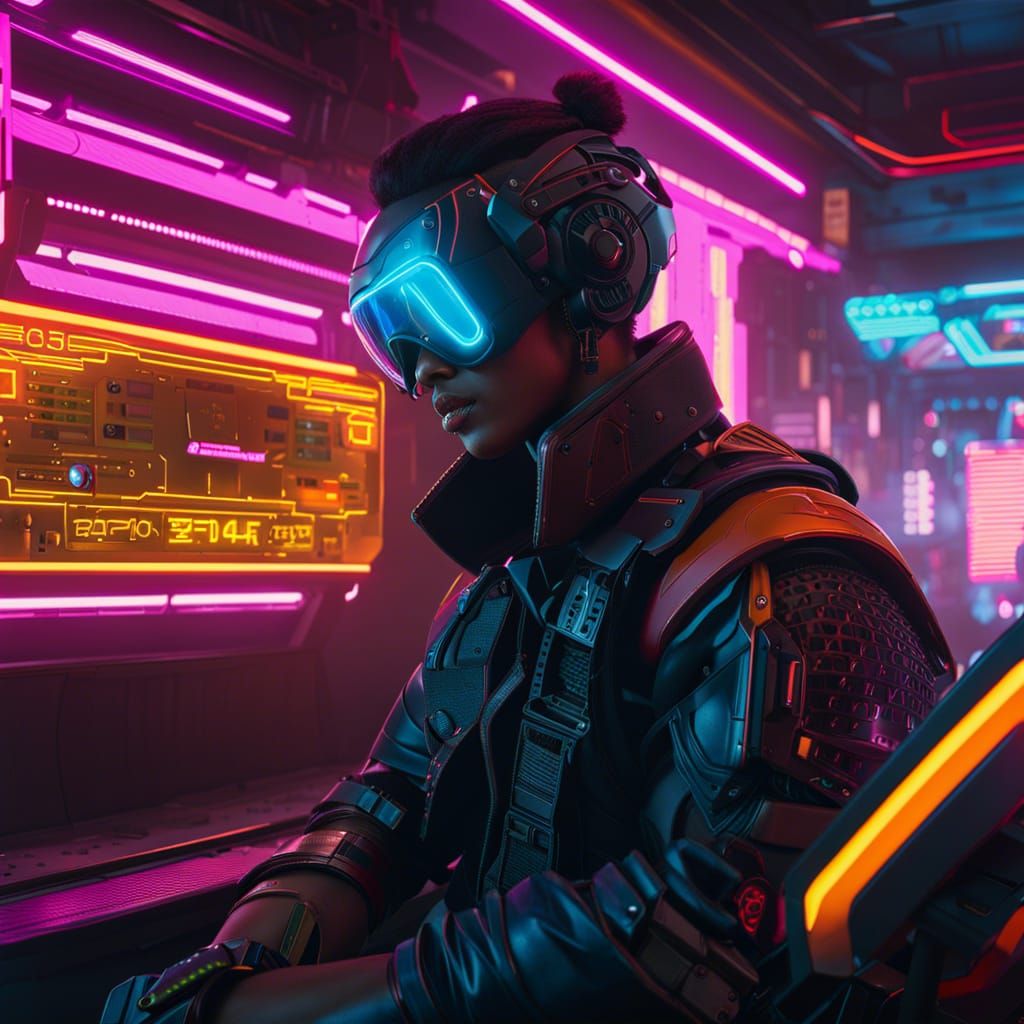 Cyberpunk Mecha Cyborg in Neon Cityscape