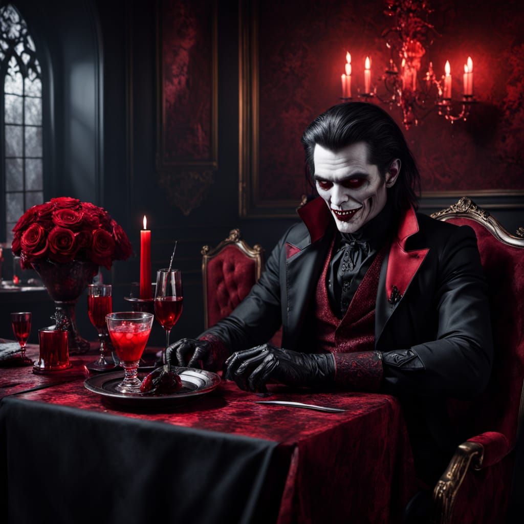 Gothic Vampire Sips Blood Cocktail in Luxurious Ambiance