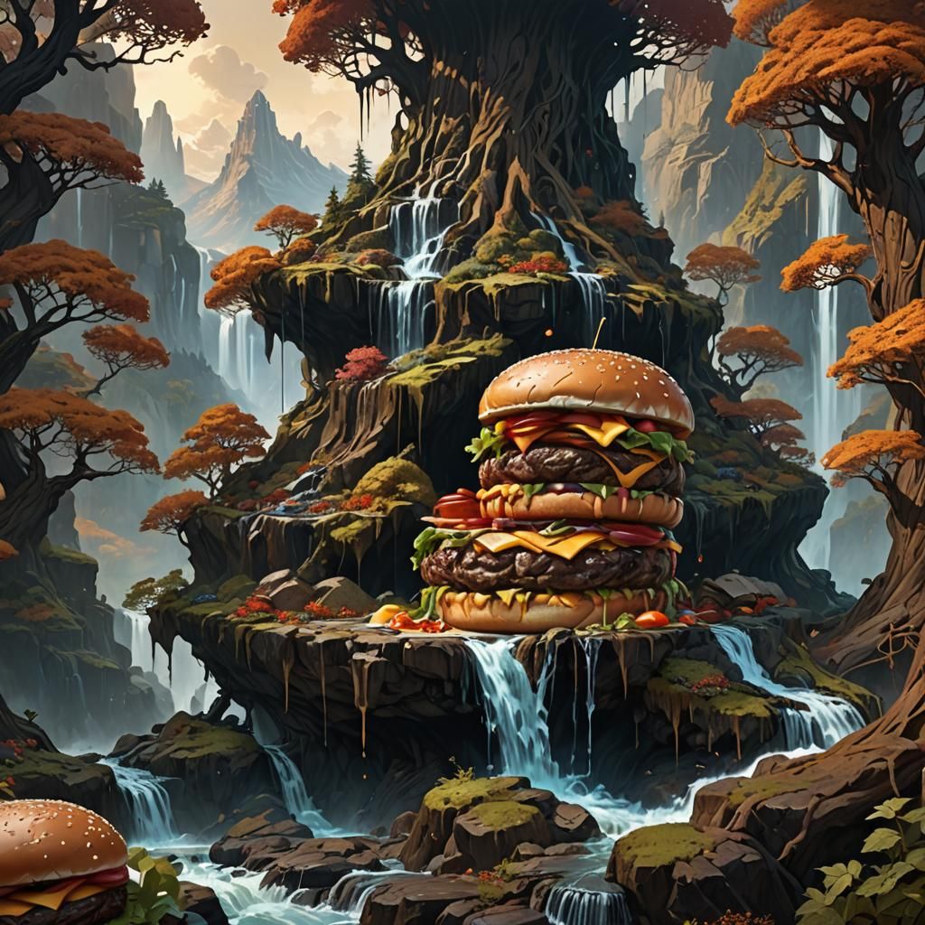 Colossal Burger Mountain in Dark Fantasy Style