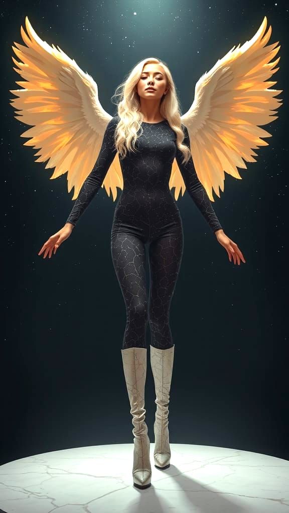 Celestial Woman with Cosmic Marble Textures and Wings