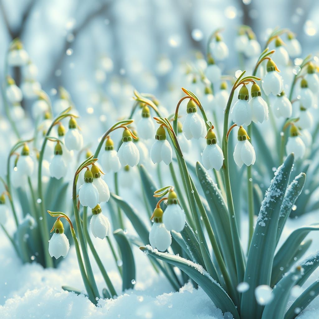 Fairytale Snowdrops in Snow: Highly Detailed Digital Art