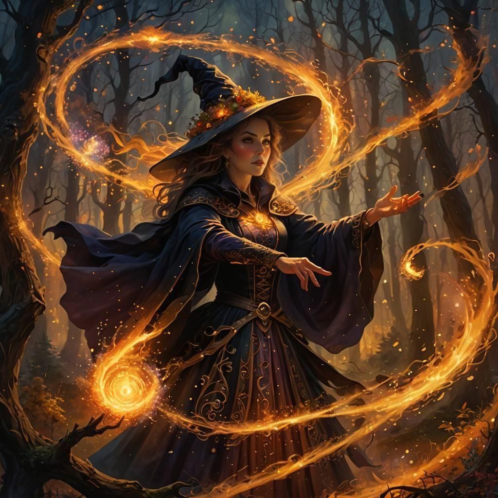 Witch Performing Fire Magic in Ethereal Fantasy Style
