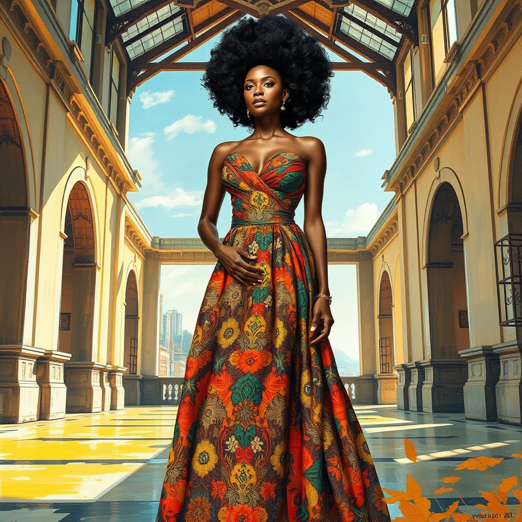 Elegant Woman in Flowing Gown in Grand Architectural Space