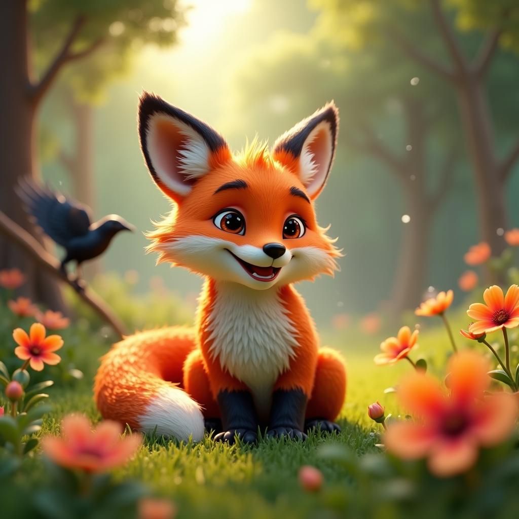 Joyful Fox and Crow in Lush 3D Forest Scene