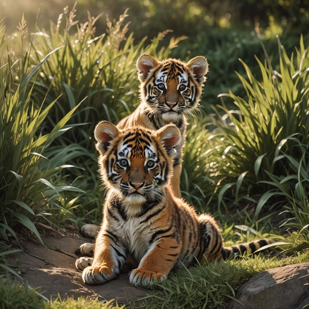 A Hyperrealistic photograph of a baby tiger cub, sitting gra...