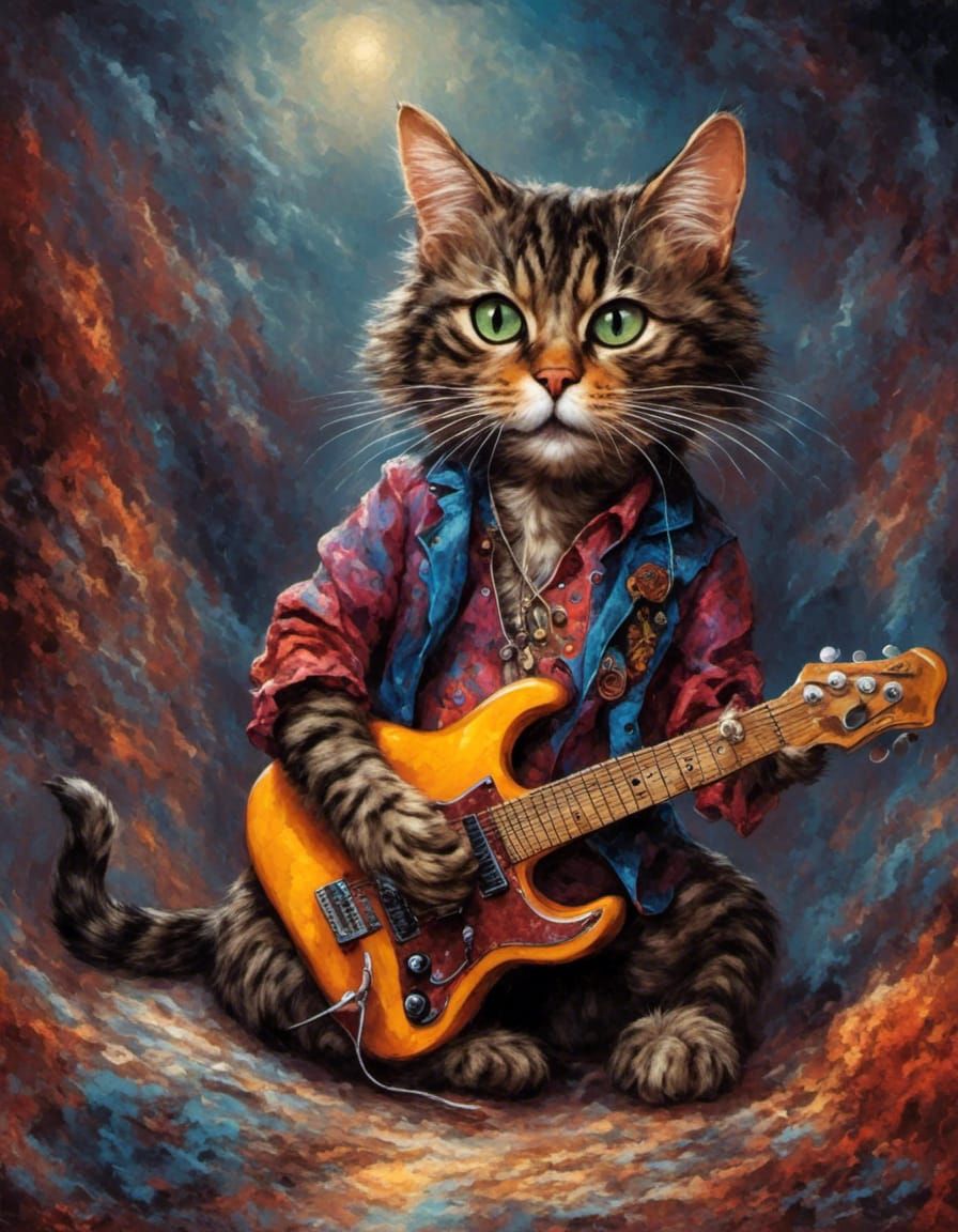 Cat Plays Guitar in Rock Legend Style