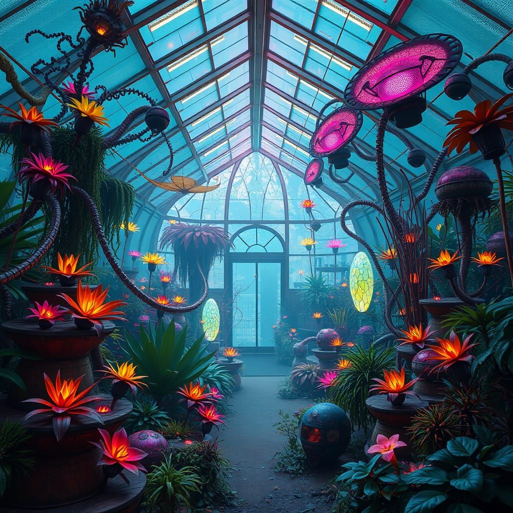 Surreal Biomechanical Greenhouse in Vibrant, Eerie Detail
