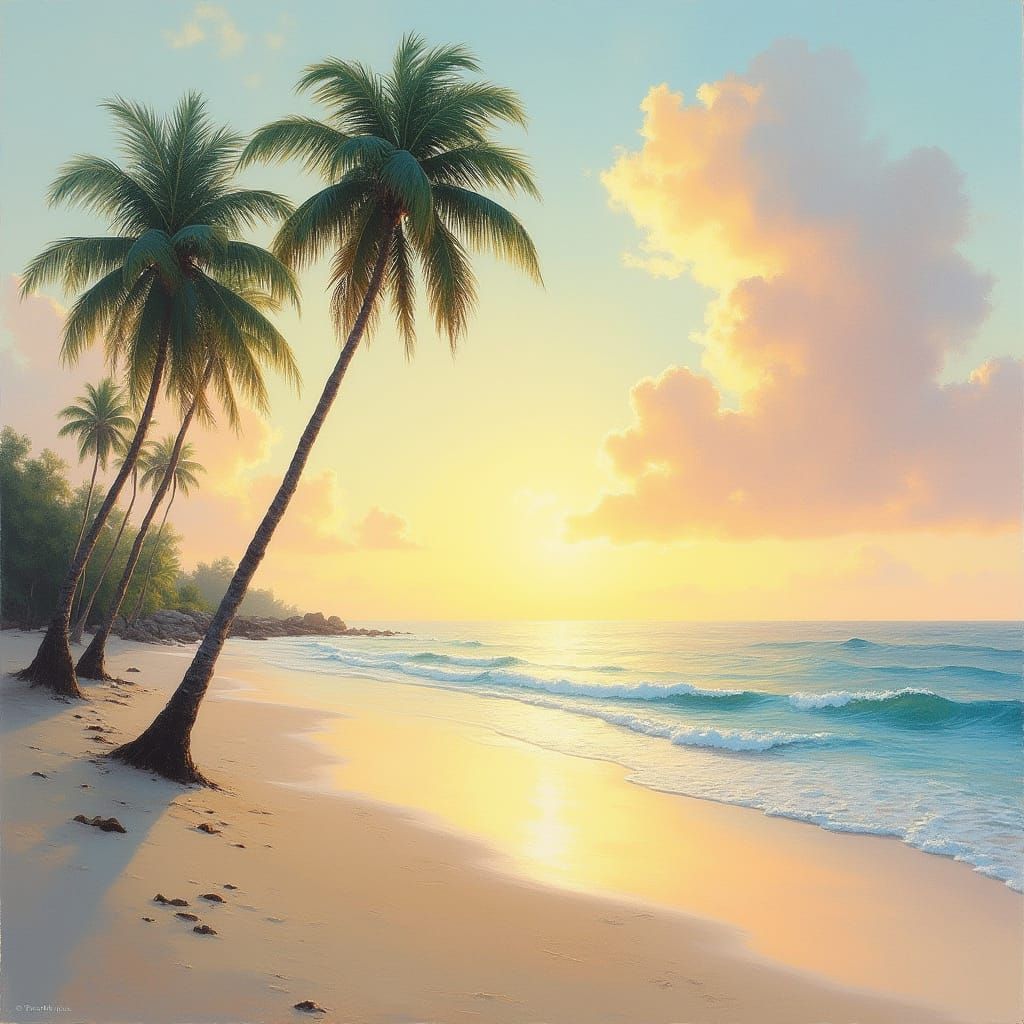 Dawn Beach with Coconut Trees in Impressionist Style