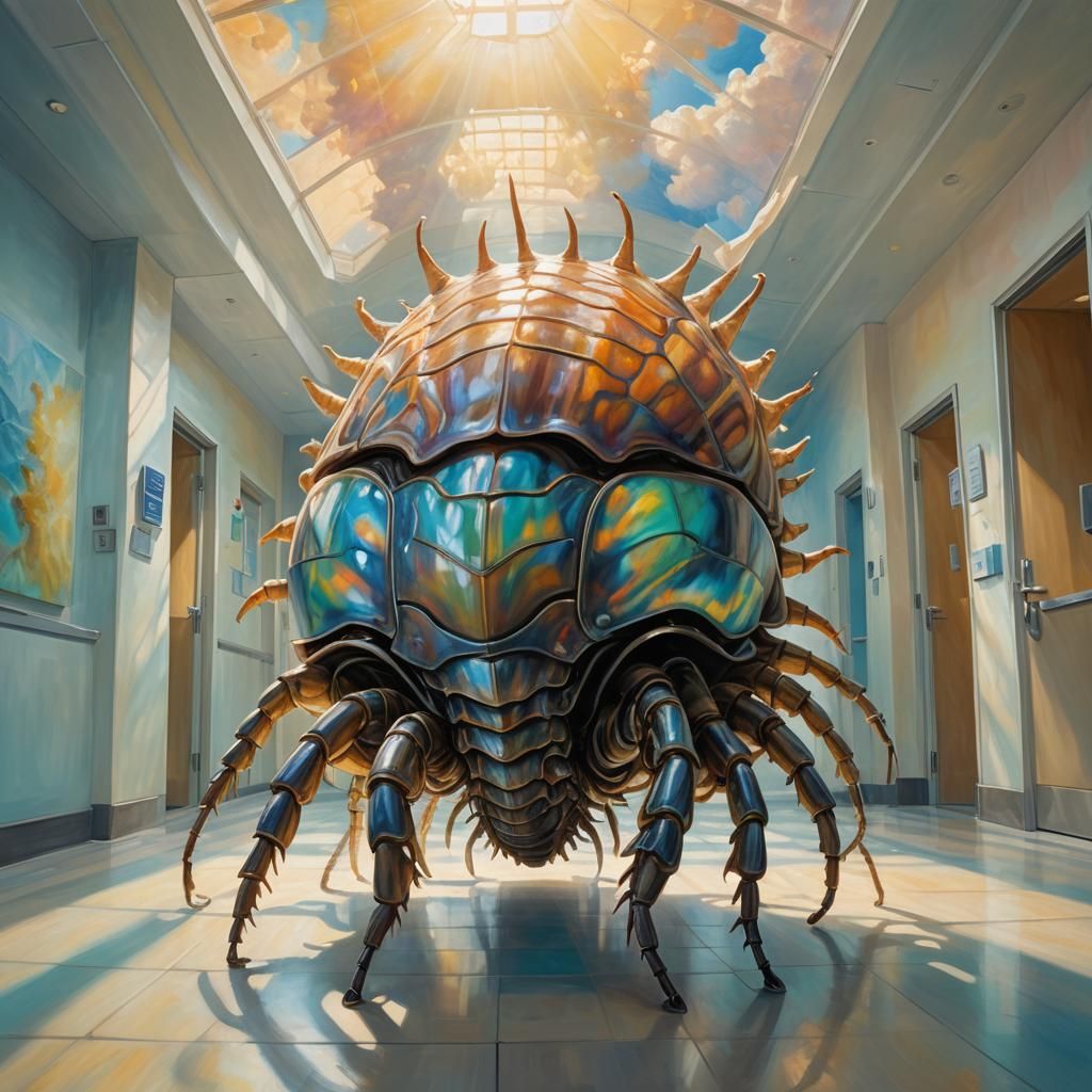 Giant Glowing Isopod Insect in Hospital Hallway