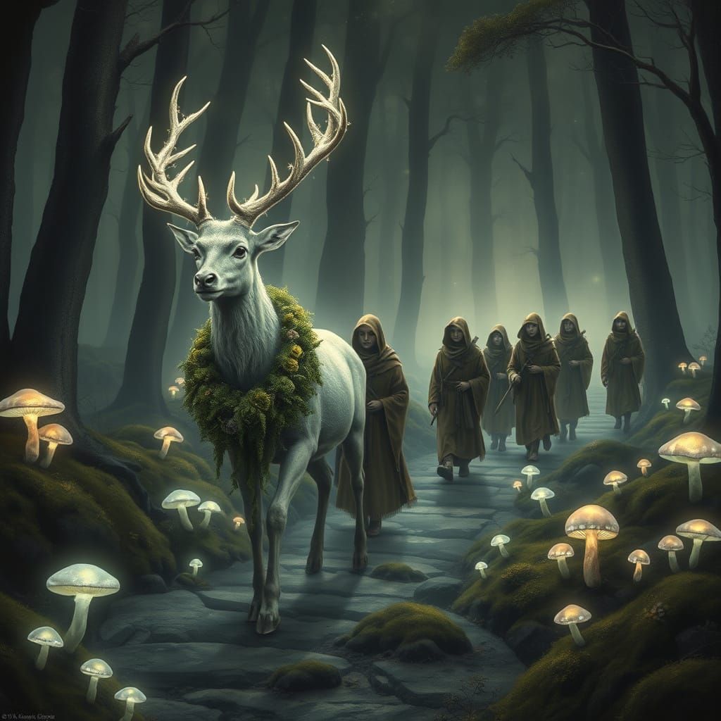 Stardust Stag Guides Travelers Through Bioluminescent Forest