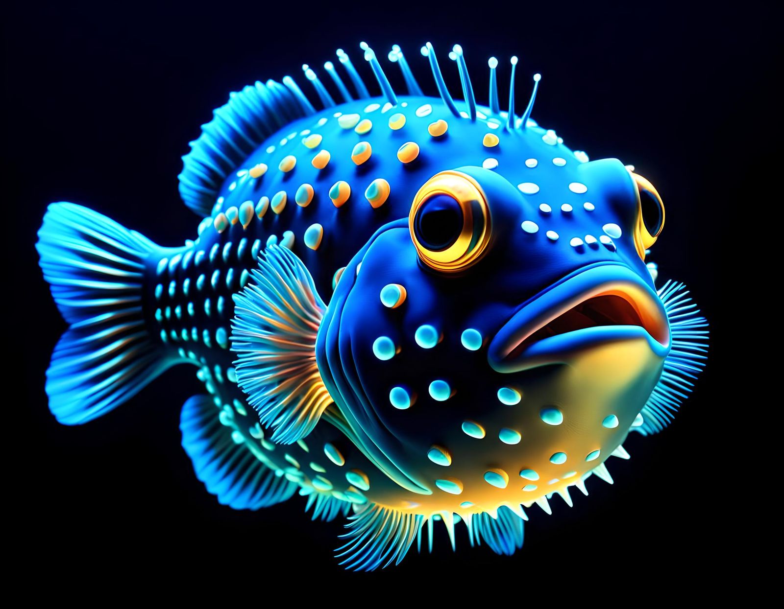 Bioluminescent Puffer Fish in Psychedelic Deep Sea