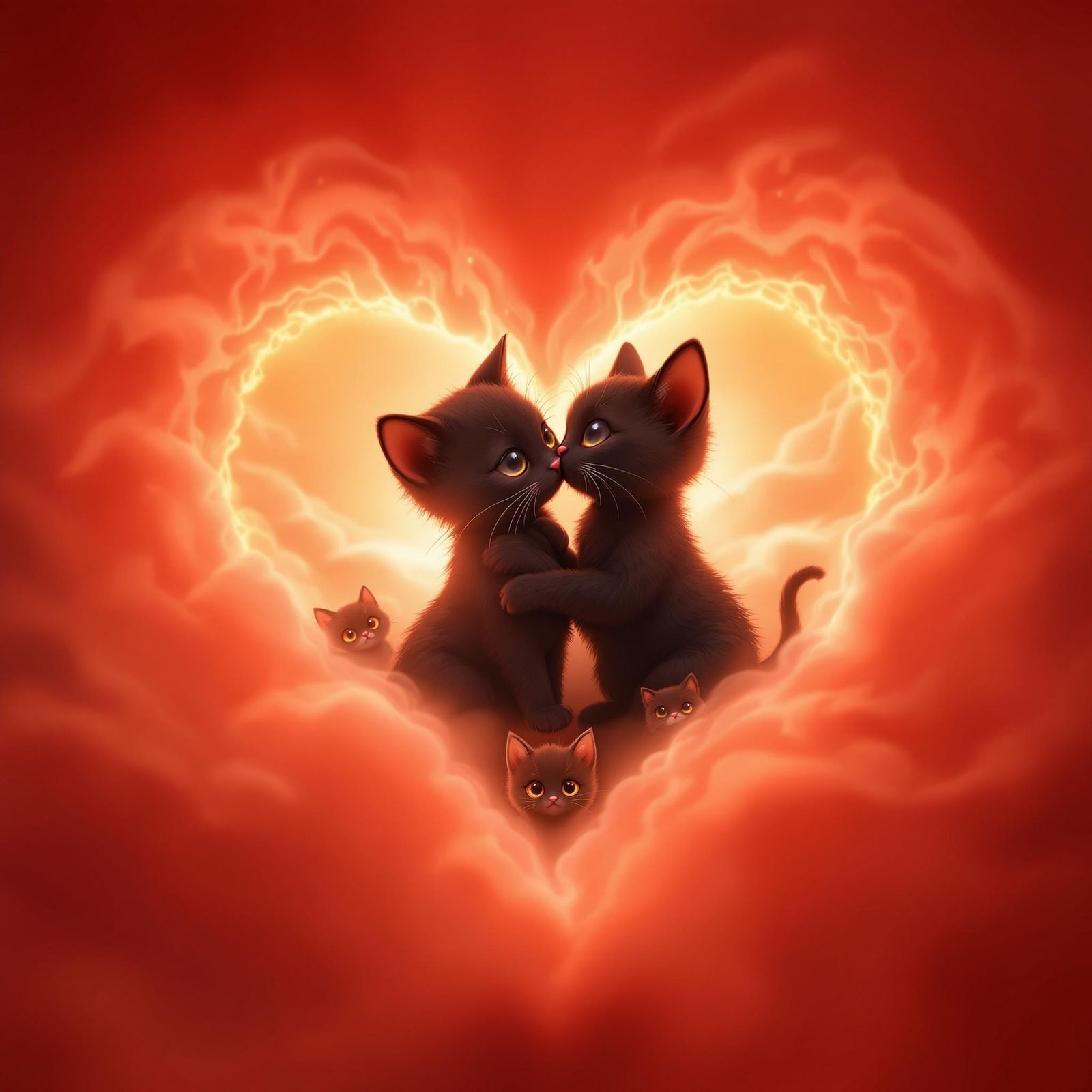 two adorable animated black thin fur kittens, oversized roun...