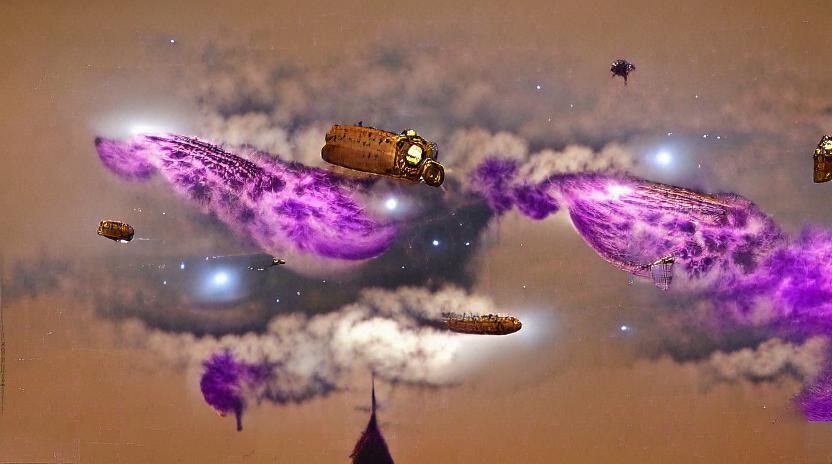 Steampunk Spaceship Over Purple Galaxy, Photorealistic Style