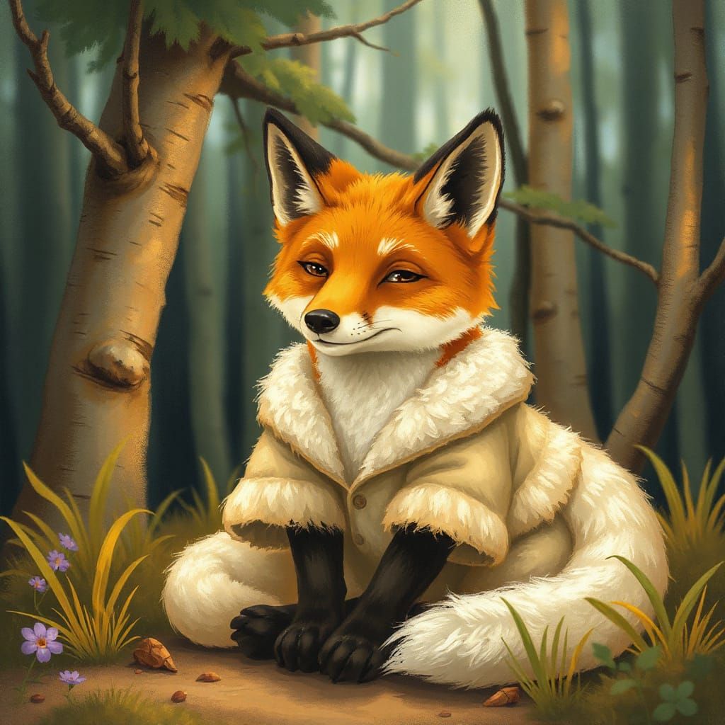 Serene Fox in Forest, Whimsical Art