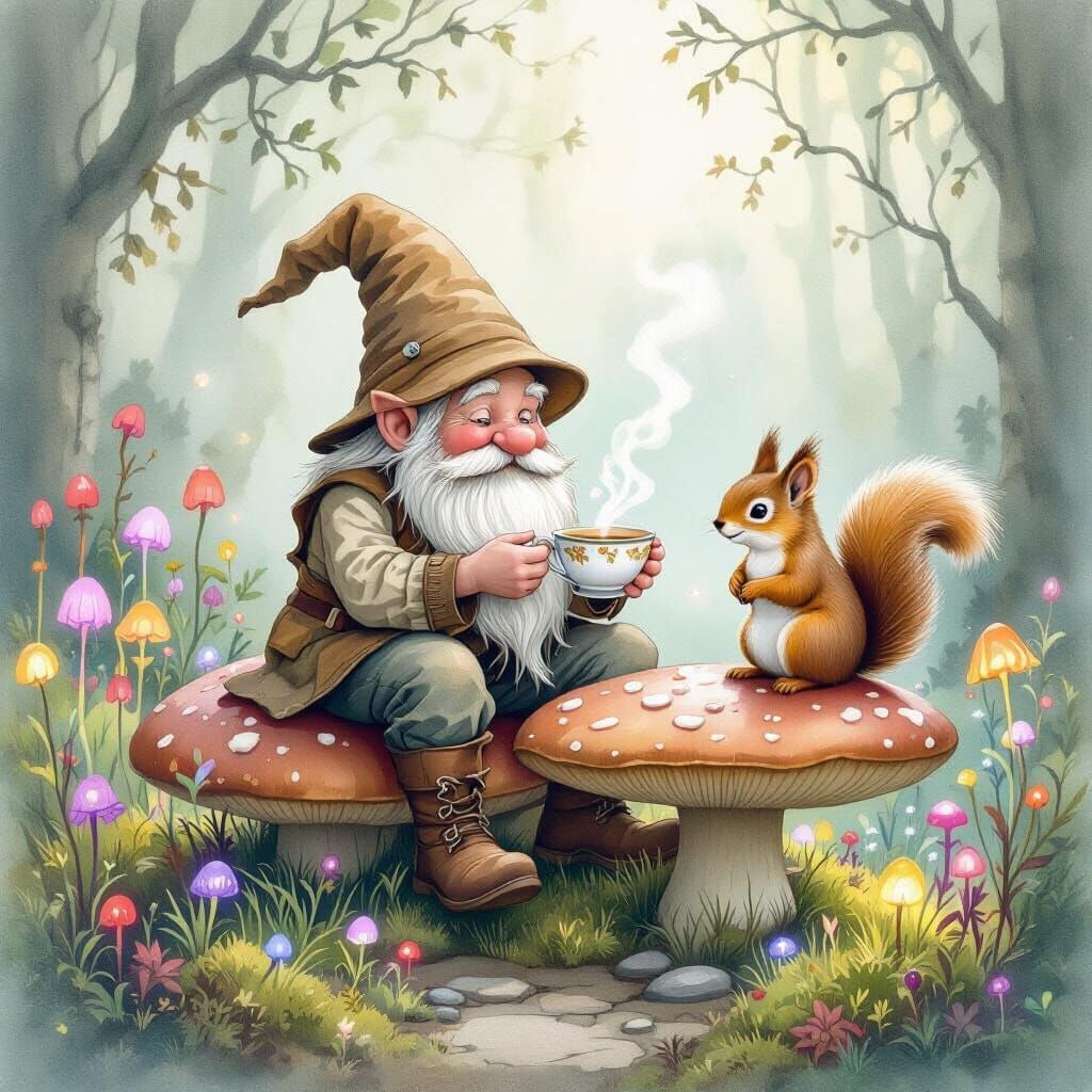Gnome and Squirrel Tea Party in Bioluminescent Forest
