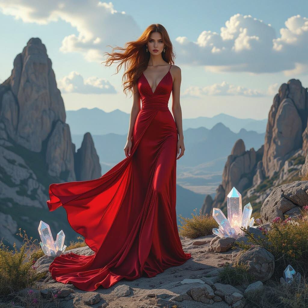 Fantasy Woman on Windswept Mountaintop