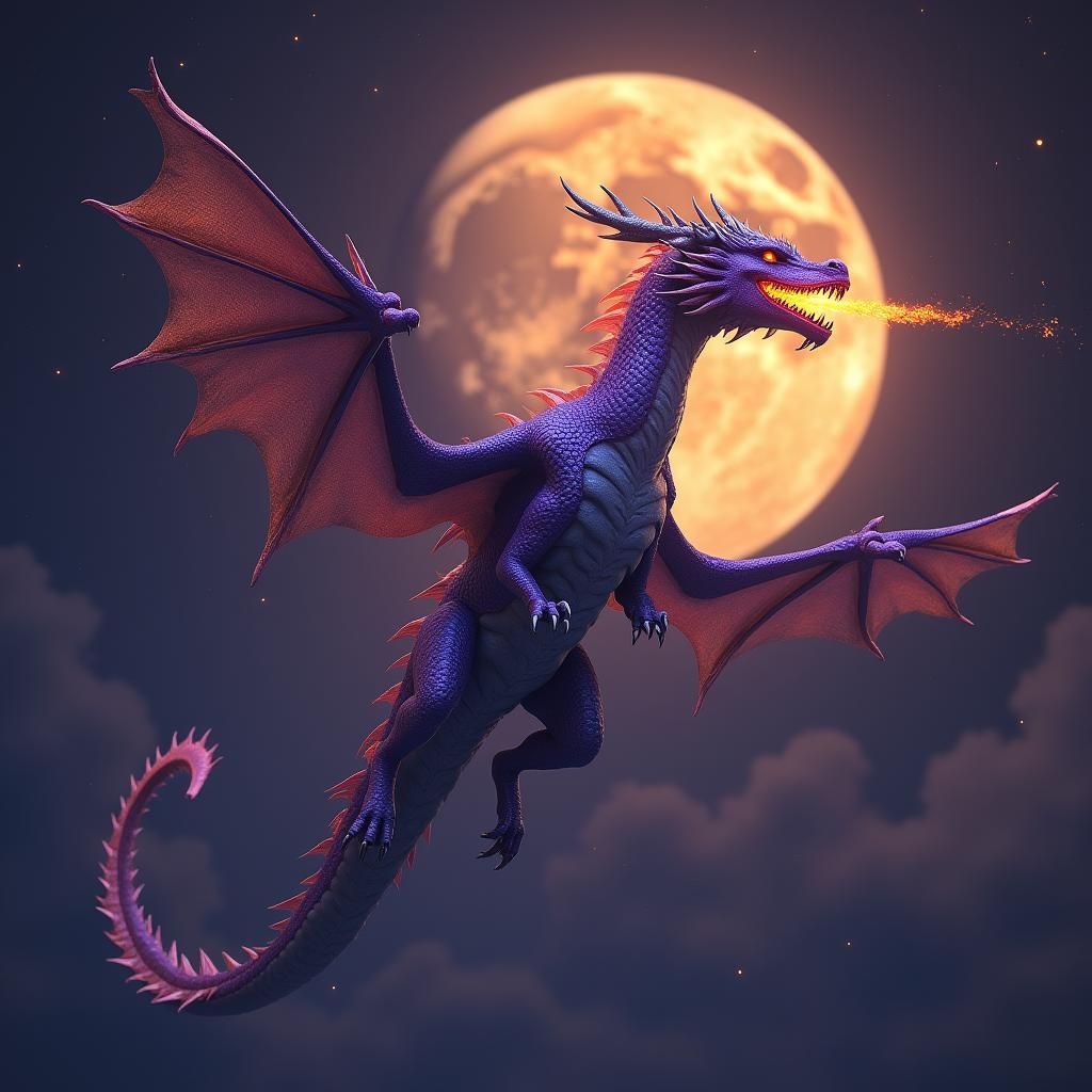 Dragon Soaring in Moonlit Sky: Fantasy Art
