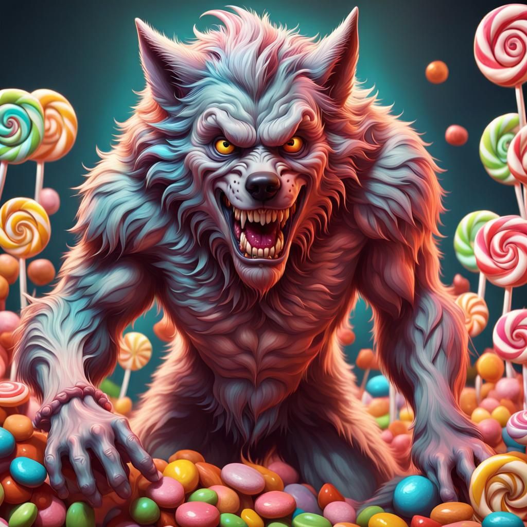 Whimsical Candy Art Werewolf in Candyland Style