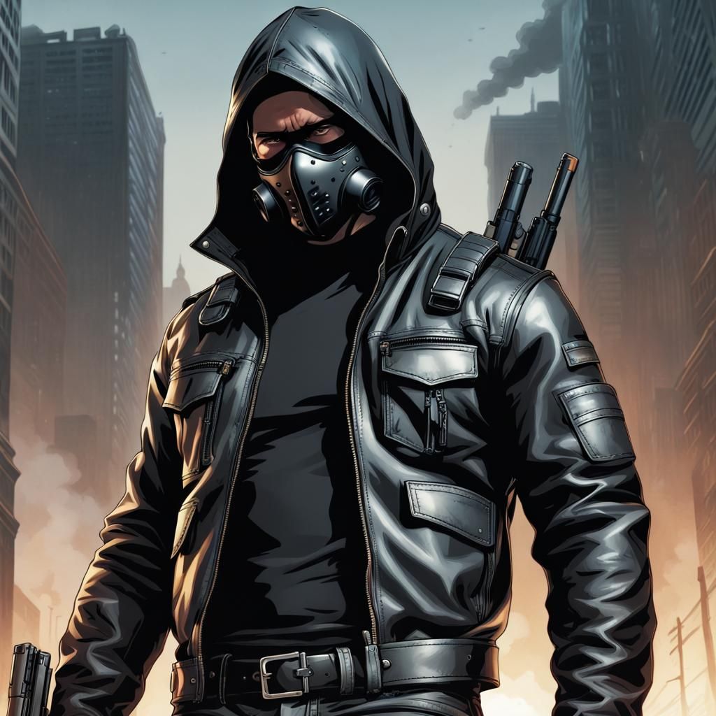 Figure in Black Hood and Mask Holding Guns