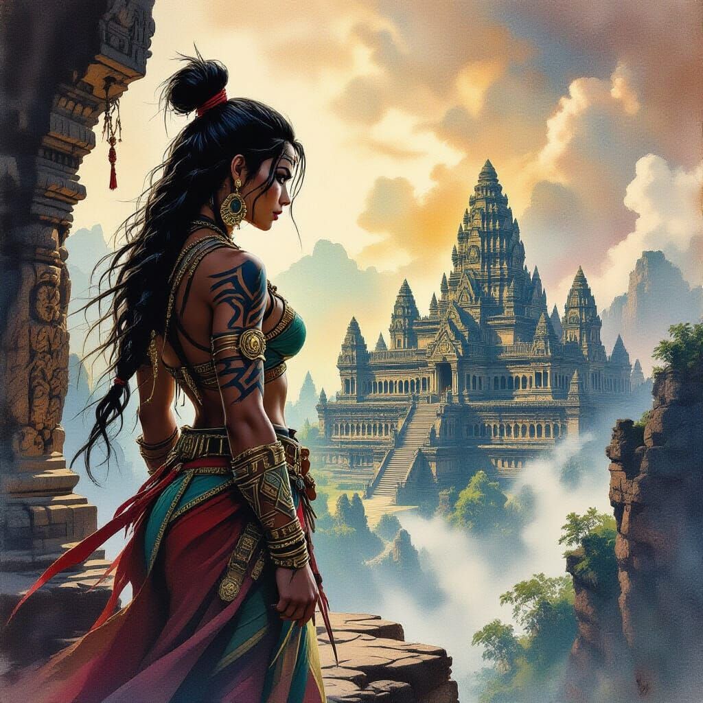 Warrior Woman on Cliff Overlooking Ancient Temple