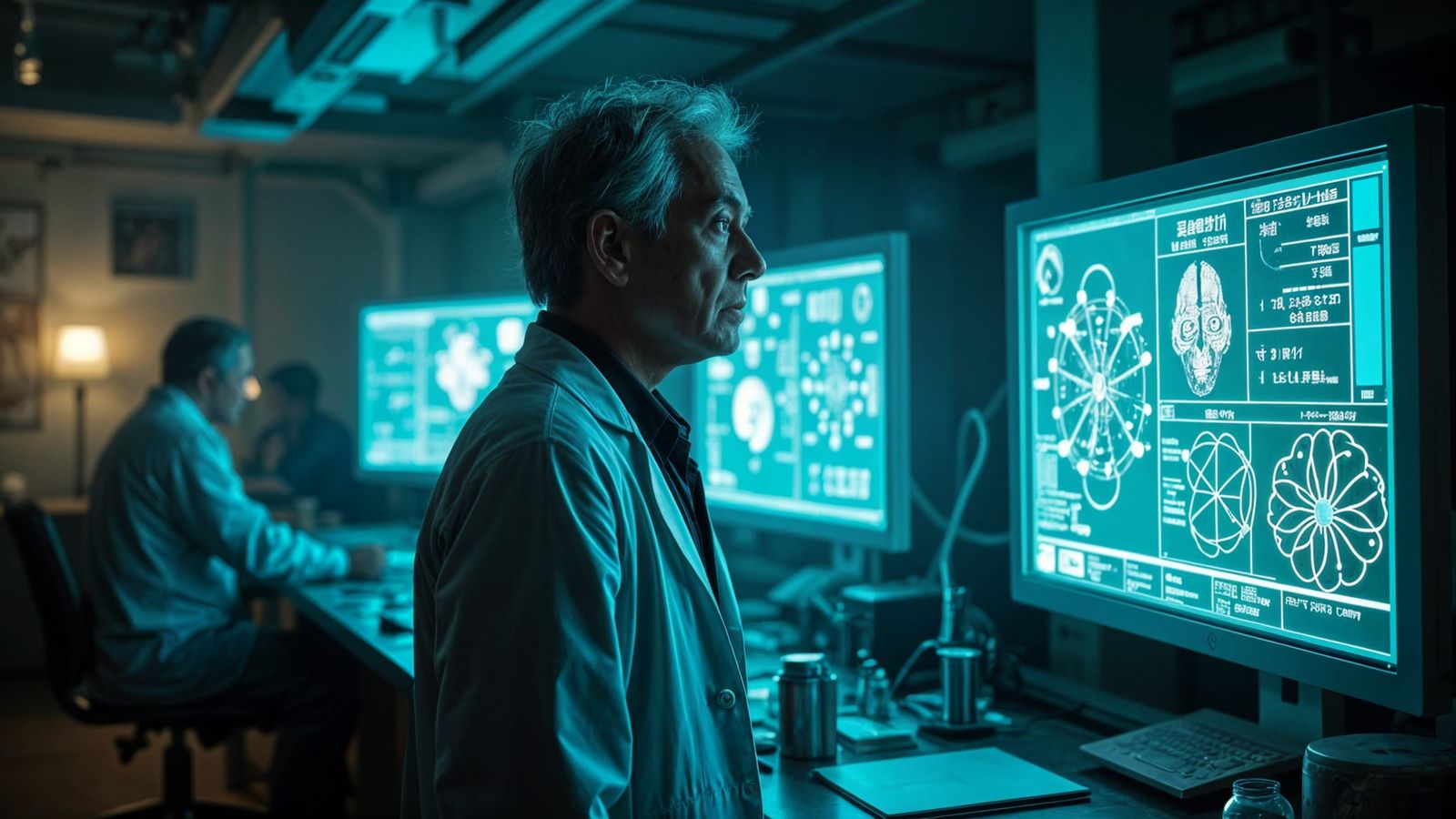 Futuristic Lab Scene with Haunted Scientist