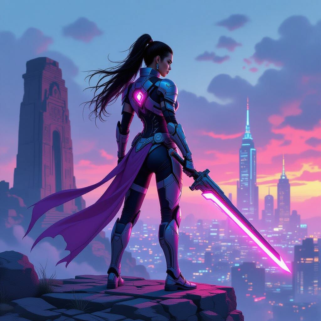 Cyberpunk Warrior Queen Overlooks Neon City