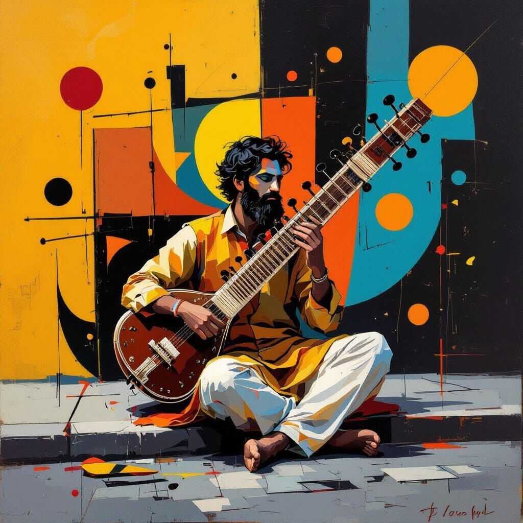 Abstract Musician with Sitar in Modern Art Style