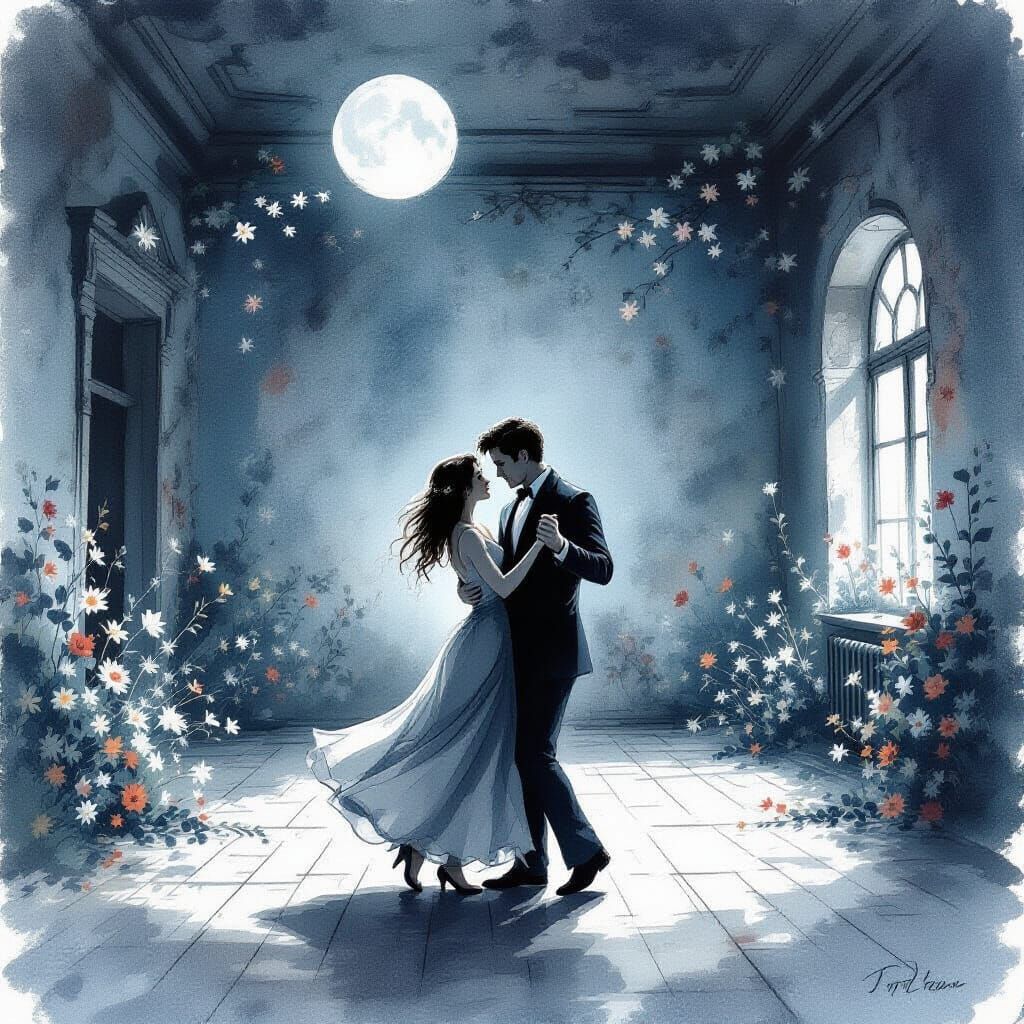 Couple Dancing in Moonlit Ballroom, Dreamy Watercolor