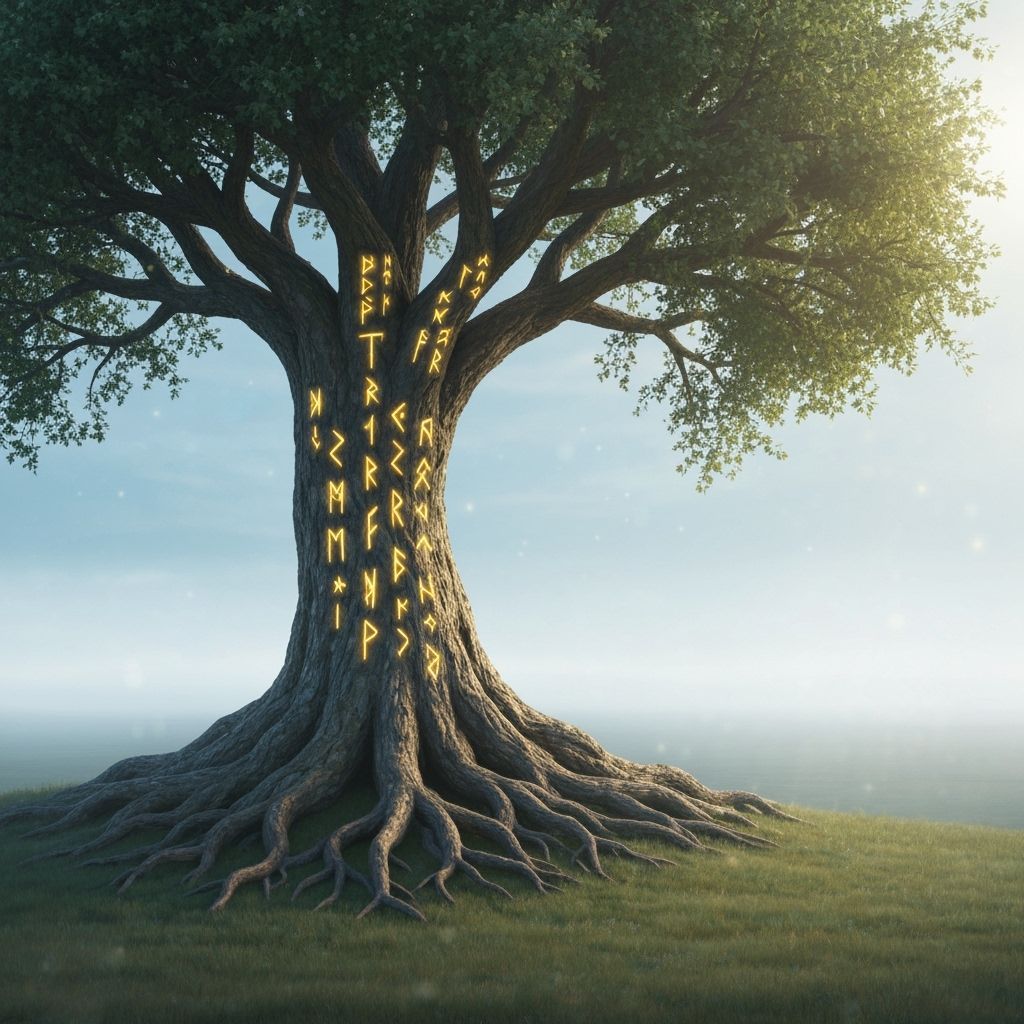 Mystical Tree with Glowing Runes on Misty Plain