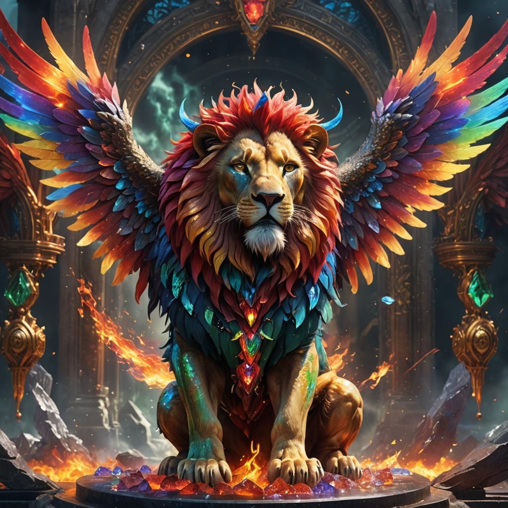 Rainbow Lion with Wings and Crystal Wheels