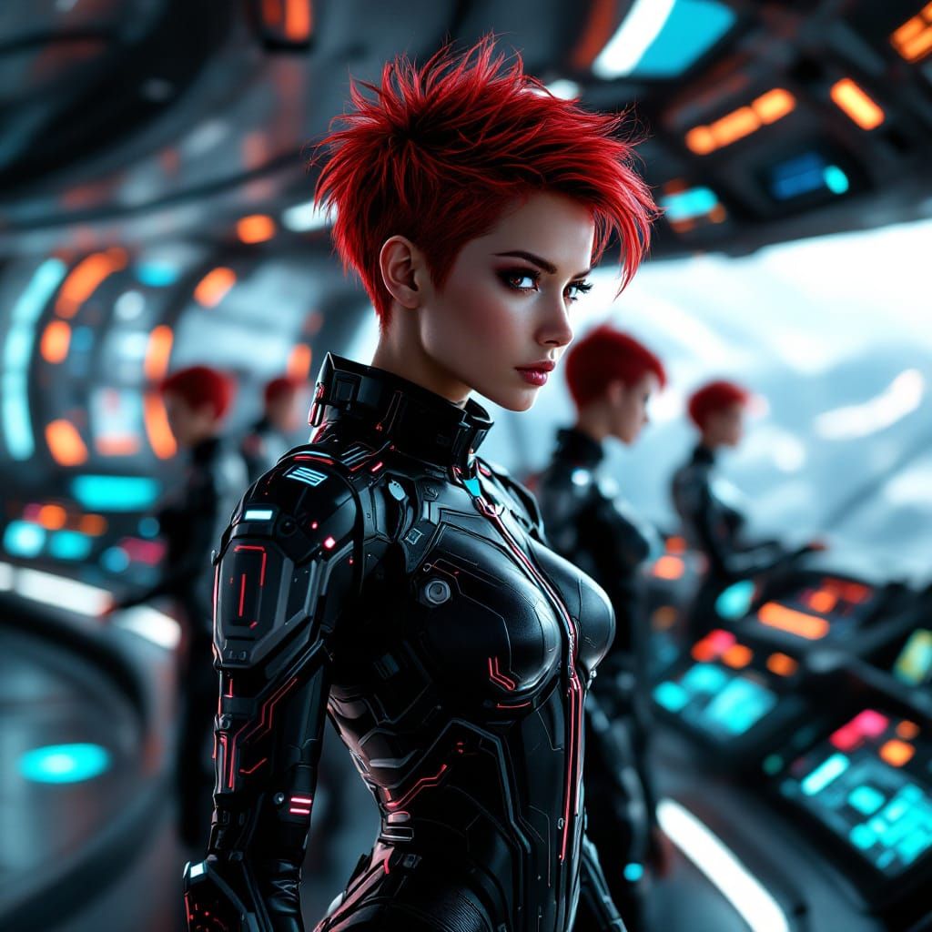 Female Space Pilot on Starship Bridge in Futuristic Style